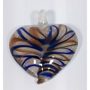 Vintage Art Glass Heart Pendant w/ Blue & Gold Swirls 2" Boho Art to Wear Lovely